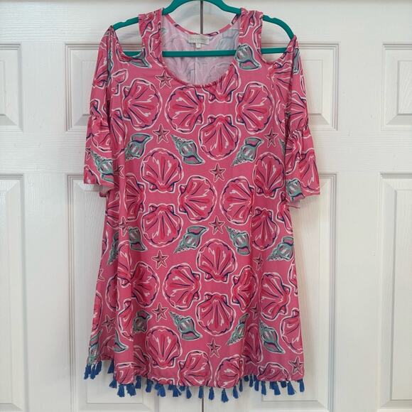 Simply Southern pink seashell cold shoulder dress w/blue fringe hem trim - Picture 1 of 8